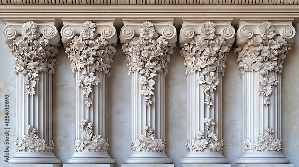 Fototapeta premium High detail design of ornamental pilasters blending carved floral and classical elements into architectural facades and interiors