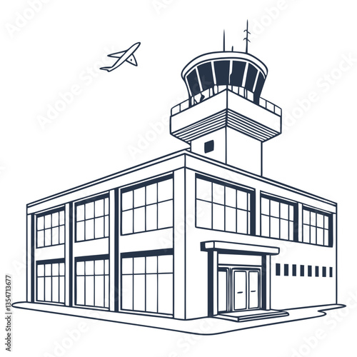 Airport control tower illustration with airplane flying overhead  
