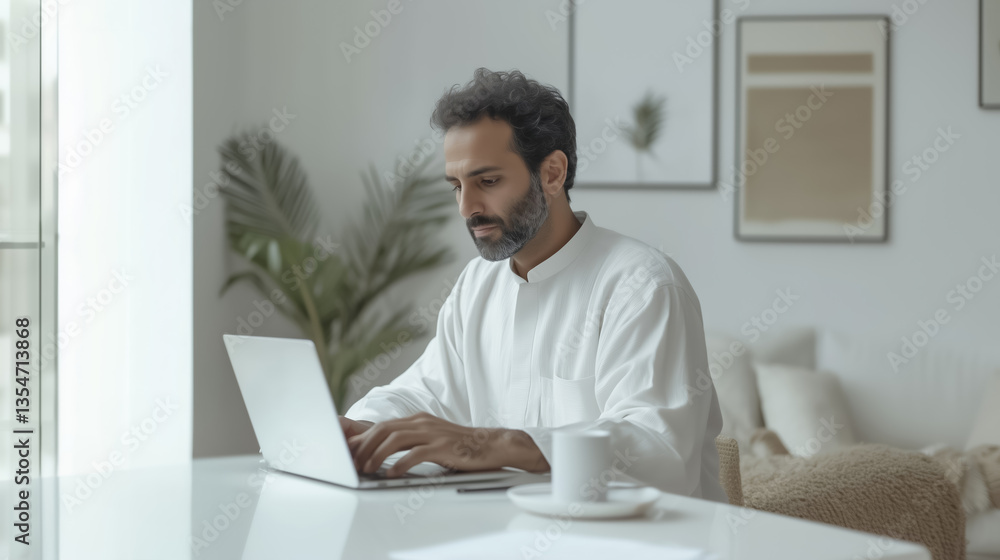 man in his 40s with beard is working on laptop in bright, modern living room. room features minimalist decor with plants and framed art on walls, creating serene atmosphere man in his 40s with beard is working on laptop in bright, modern living room. room features minimalist decor with plants and framed art on walls, creating serene atmosphere