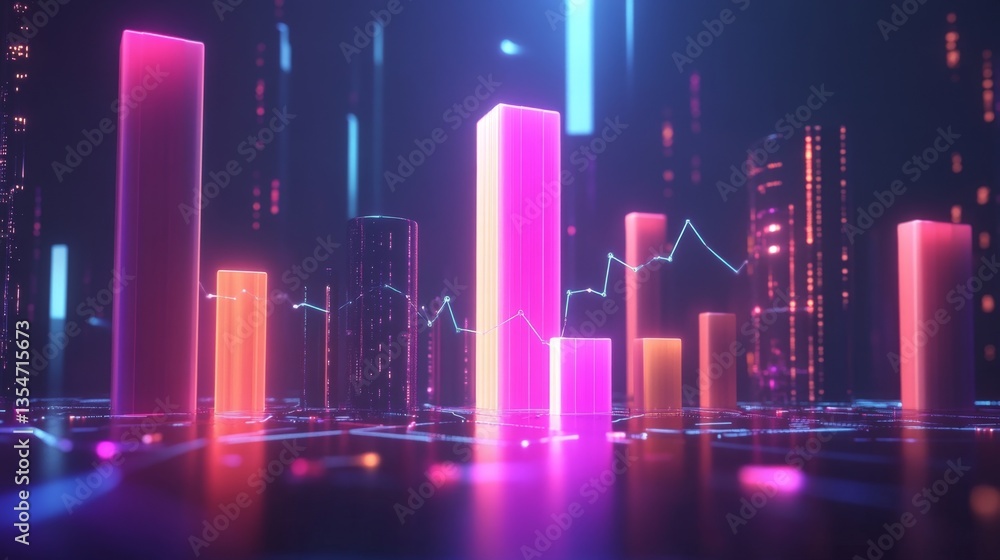 D bar chart rising from a futuristic cityscape base, with connecting data lines and a tech-inspired dark background D bar chart rising from a futuristic cityscape base, with connecting data lines and a tech-inspired dark background