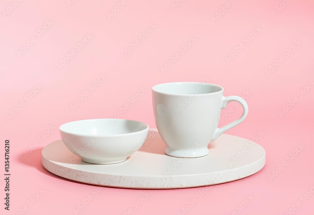 Empty bowl and cup on split pink beige background Minimalist aesthetic, monochrome, contrast Empty bowl and cup on split pink beige background Minimalist aesthetic, monochrome, contrast