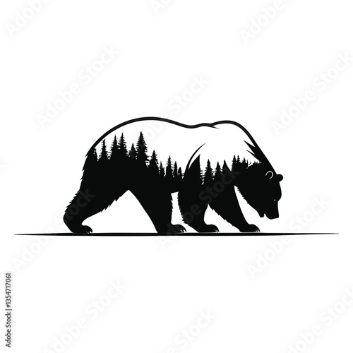 Double Exposure Bear Silhouette with Forest Trees Black and White Wildlife Illustration