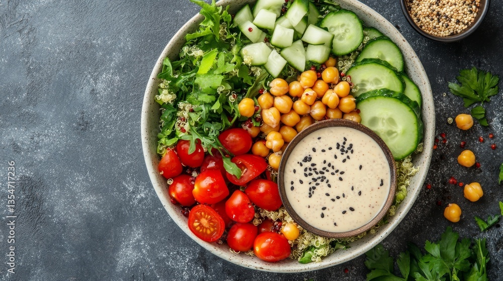 Overhead shot of colorful salad bowl with quinoa, chickpeas, cherry tomatoes, cucumber, and tahini dressing on the side Overhead shot of colorful salad bowl with quinoa, chickpeas, cherry tomatoes, cucumber, and tahini dressing on the side