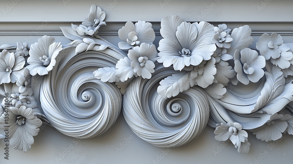 High detail rendering of ornamental volutes blending spiral and botanical elements for elegant architectural decor High detail rendering of ornamental volutes blending spiral and botanical elements for elegant architectural decor