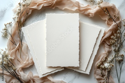 Vintage wedding invitations template. Top view blank paper cards, ribbon. Wedding stationery set