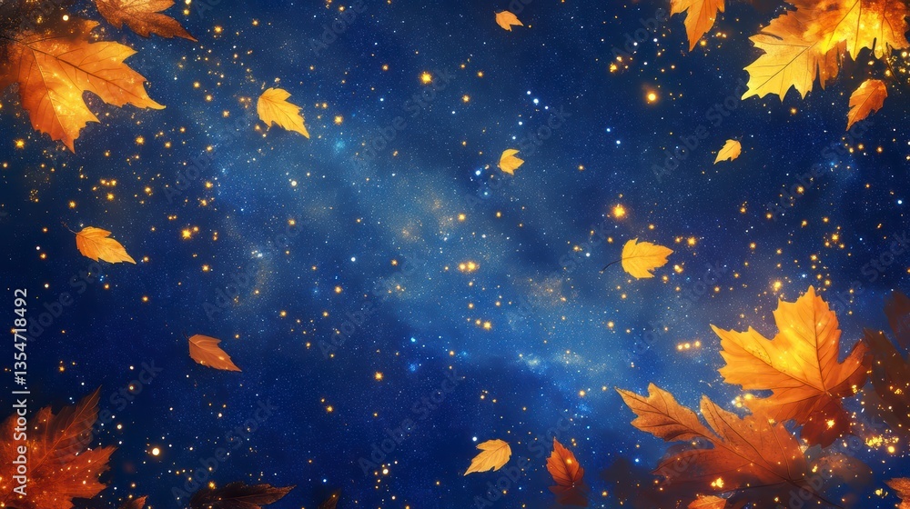 Autumn leaves falling against a starry night sky background. Autumn leaves falling against a starry night sky background.