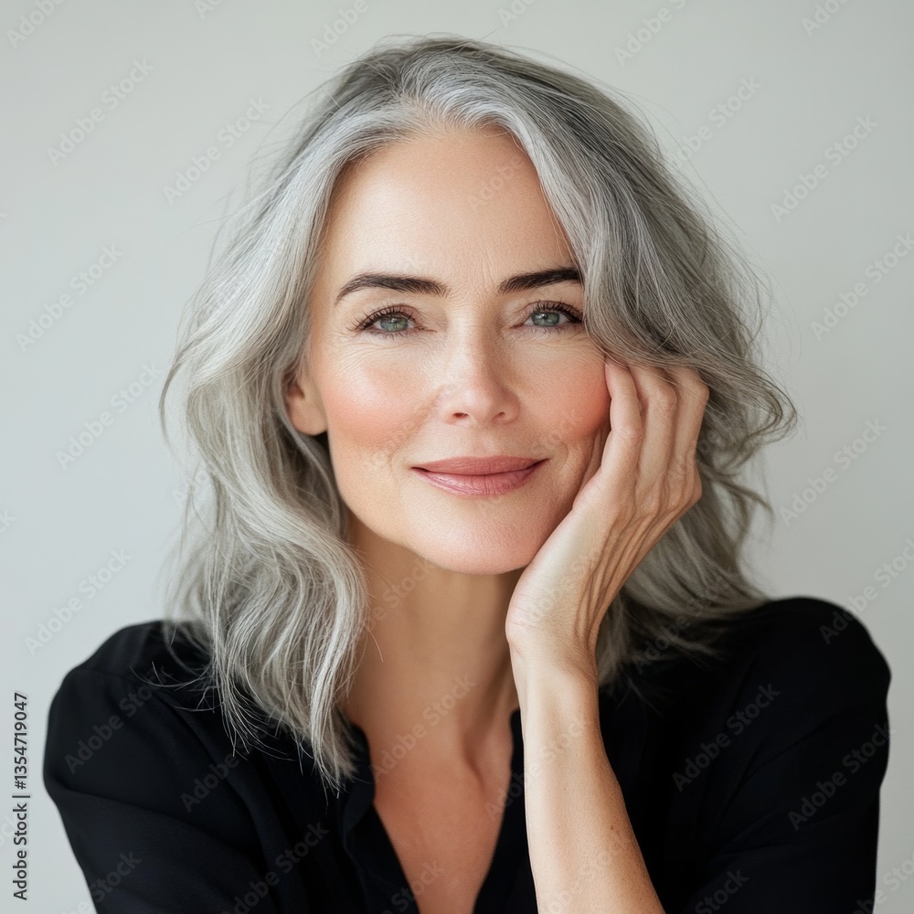 Confident elderly woman with gray hair smiling warmly, copy space Confident elderly woman with gray hair smiling warmly, copy space