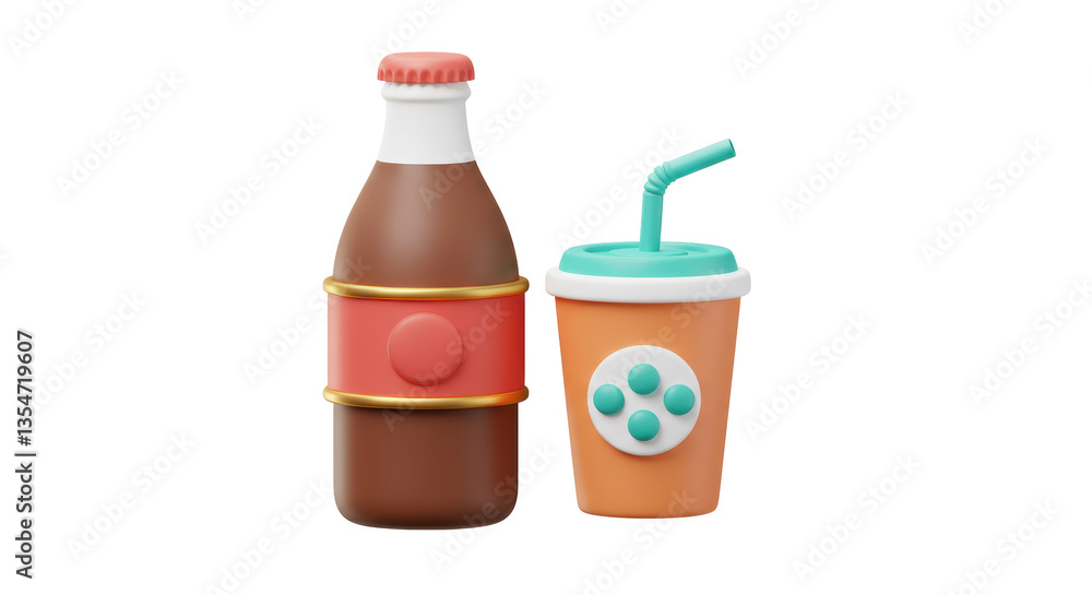 Isolated 3D Soda Bottle and Cup with Straw Isolated 3D Soda Bottle and Cup with Straw