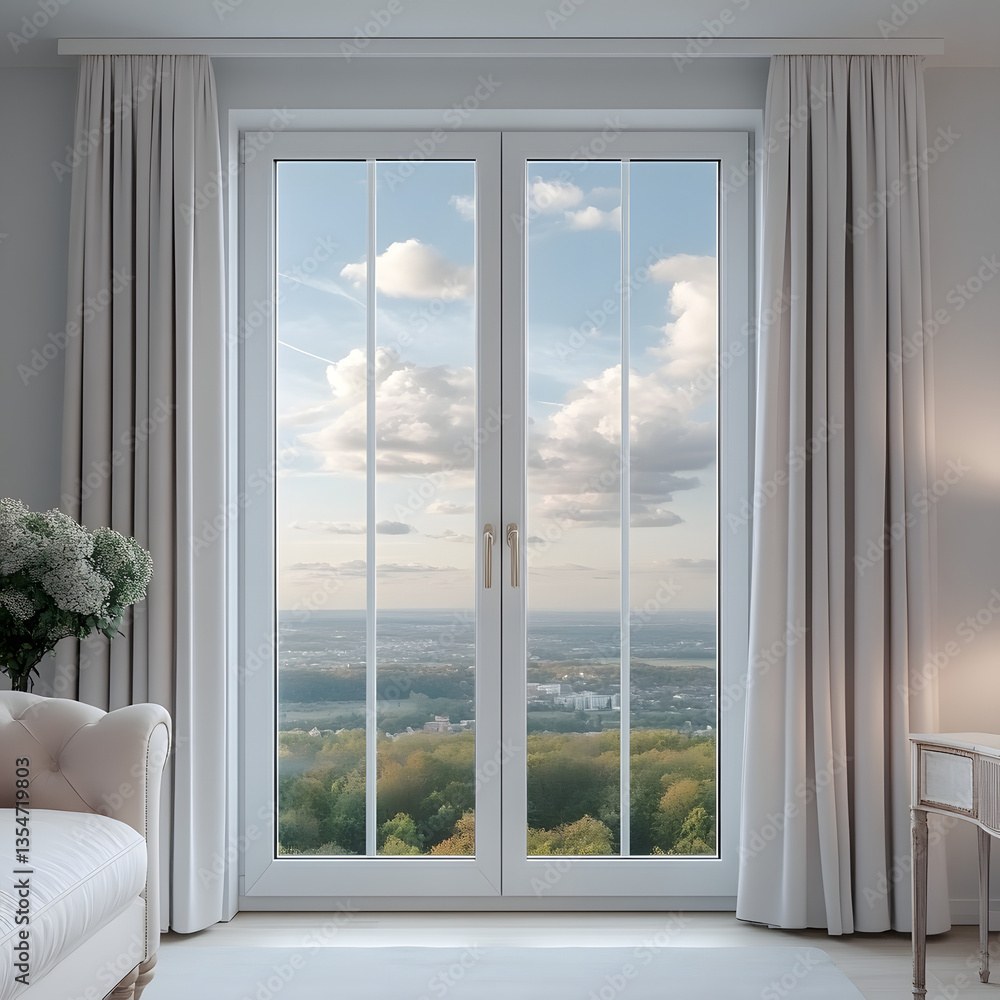 Spacious room with large windows showcasing a scenic view Spacious room with large windows showcasing a scenic view