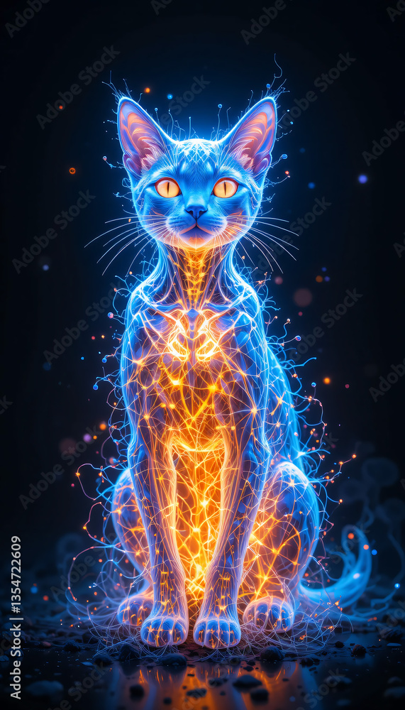 Fototapeta Glowing Cat with Mystical Energy, and Dark BG.