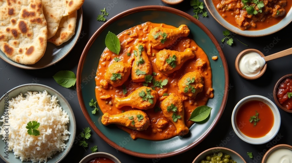 Flat-lay of a spicy Indian feast, with butter chicken, basmati rice, naan bread, and small bowls of chutney and raita. Flat-lay of a spicy Indian feast, with butter chicken, basmati rice, naan bread, and small bowls of chutney and raita.