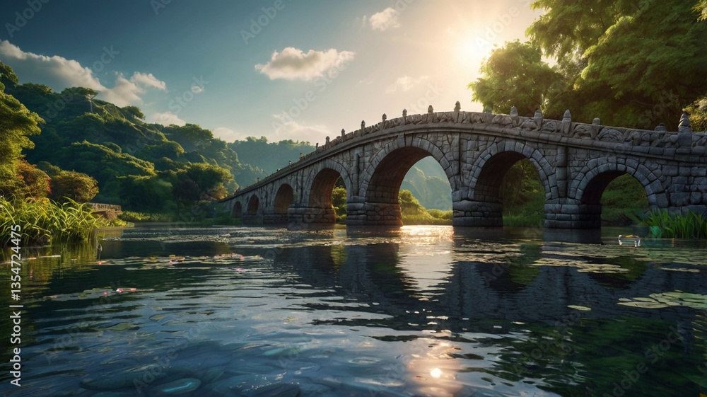 Fototapeta premium an arched stone bridge with traditional carvings crossing a clear river illustration