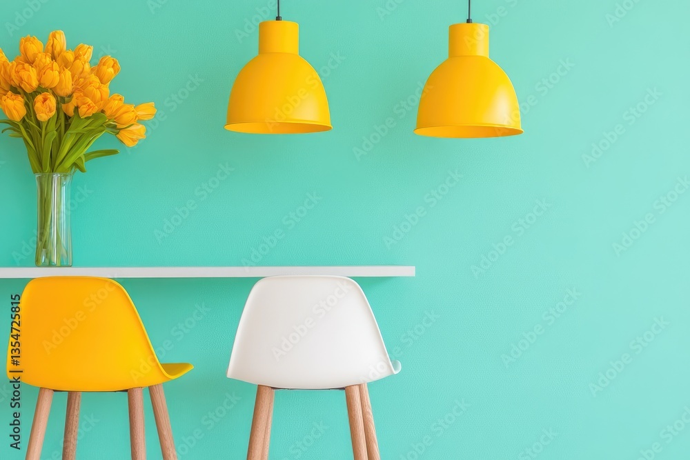 Obraz premium Vibrant Modern Kitchen Interior with Yellow Accents and Tulip Decor