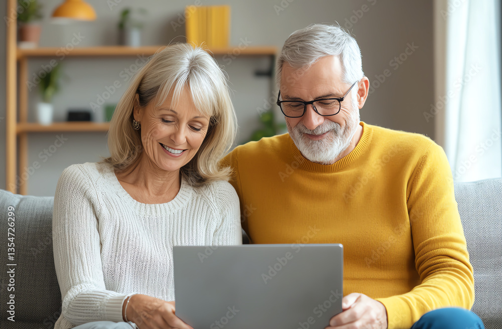 happy middle aged couple sitting on couch, smiling while looking at laptop together, enjoying their time in cozy living room filled with plants and warm decor