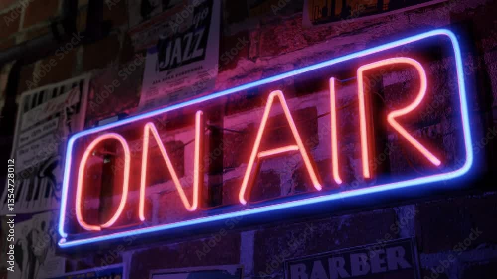 3d Animation. A dolly zoom shot of a vibrant, glowing Neon Sign on a brick wall with posters flickering in the dark. 3d Animation. A dolly zoom shot of a vibrant, glowing Neon Sign on a brick wall with posters flickering in the dark.