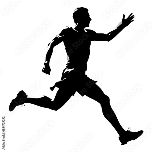 a silhouette of a male athlete leaping forward, capturing the essence of motion and determination. The image shows the athlete's body in full stride, his arm raised in a powerful gesture.
