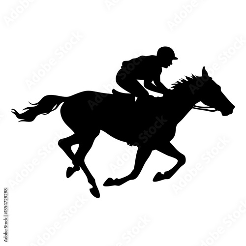 silhouette of a horse and jockey racing with speed and determination. The jockey is in a competitive position