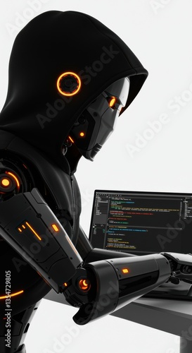 Futuristic robot working on a laptop in a clean white space