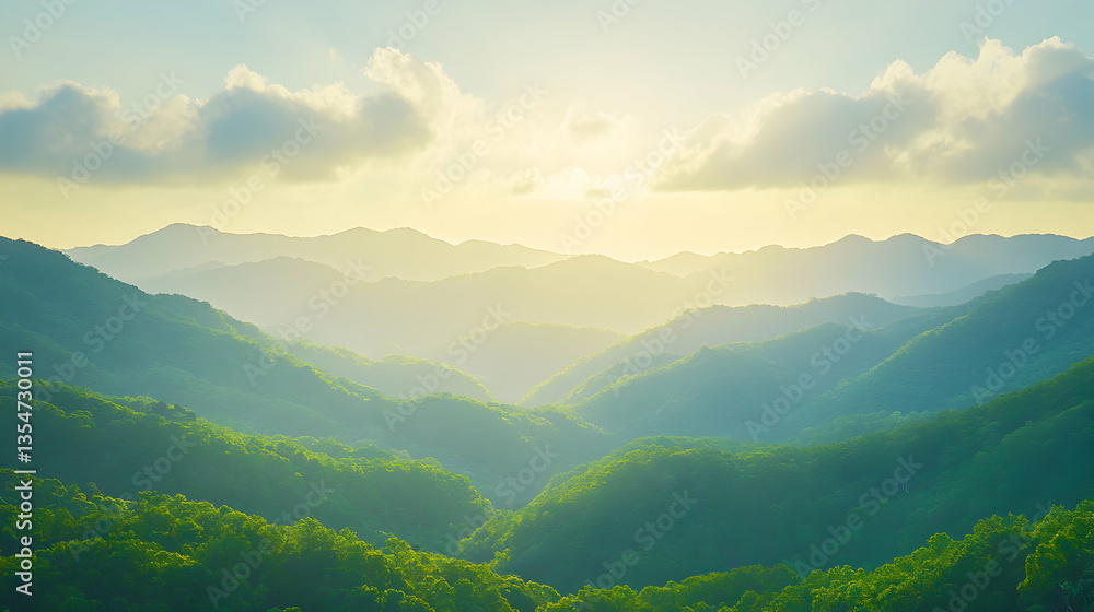 Fototapeta premium Serene sunset over lush green mountain range, showcasing layers of hills bathed in golden light. A peaceful landscape perfect for travel, nature, or environmental themes.