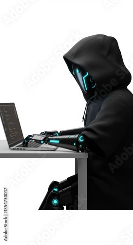 Futuristic robot working on a laptop in a clean white space