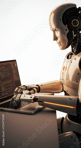 Futuristic robot working on a laptop in a clean white space