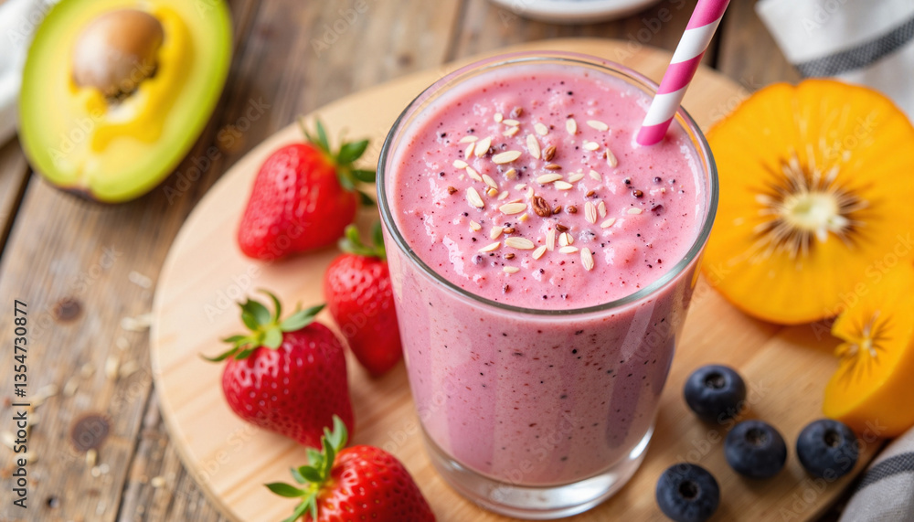 Freshly prepared smoothie surrounded by vibrant fruits on wooden table, healthy refreshment Freshly prepared smoothie surrounded by vibrant fruits on wooden table, healthy refreshment