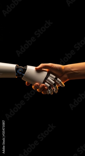 Clean style with robot and human hands shaking in unity, technology, artificial intelligence concept