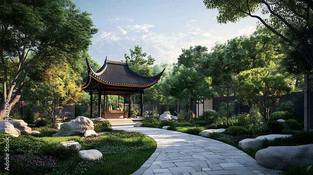 Scenic Chinese garden with stone path pagodas and lush greenery image Scenic Chinese garden with stone path pagodas and lush greenery image