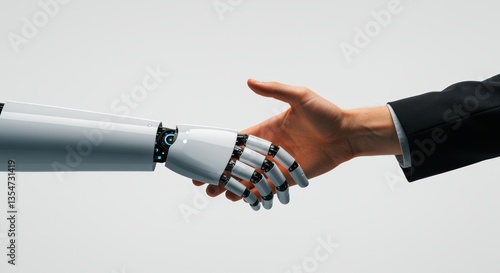 Clean style with robot and human hands shaking in unity, technology, artificial intelligence concept