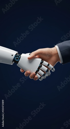 Clean style with robot and human hands shaking in unity, technology, artificial intelligence concept