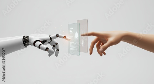 Clean white style featuring a robot and human hand reaching from the side