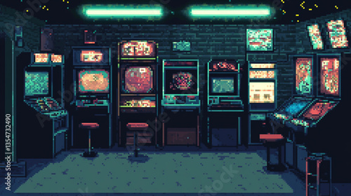 A retro arcade room with glowing machines and pixel art aesthetic.