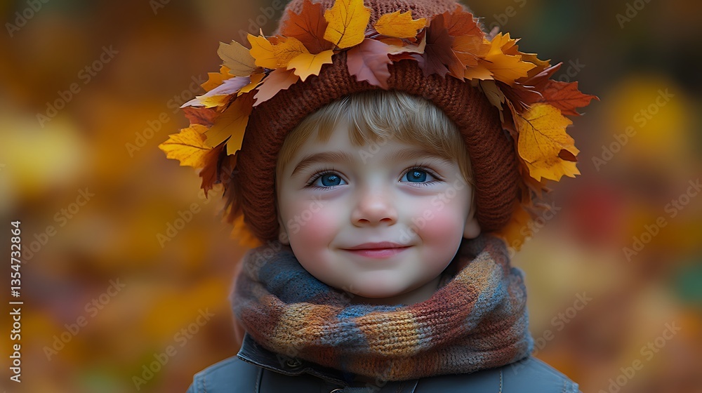 Happy boy, autumn leaves crown, forest, fall Happy boy, autumn leaves crown, forest, fall