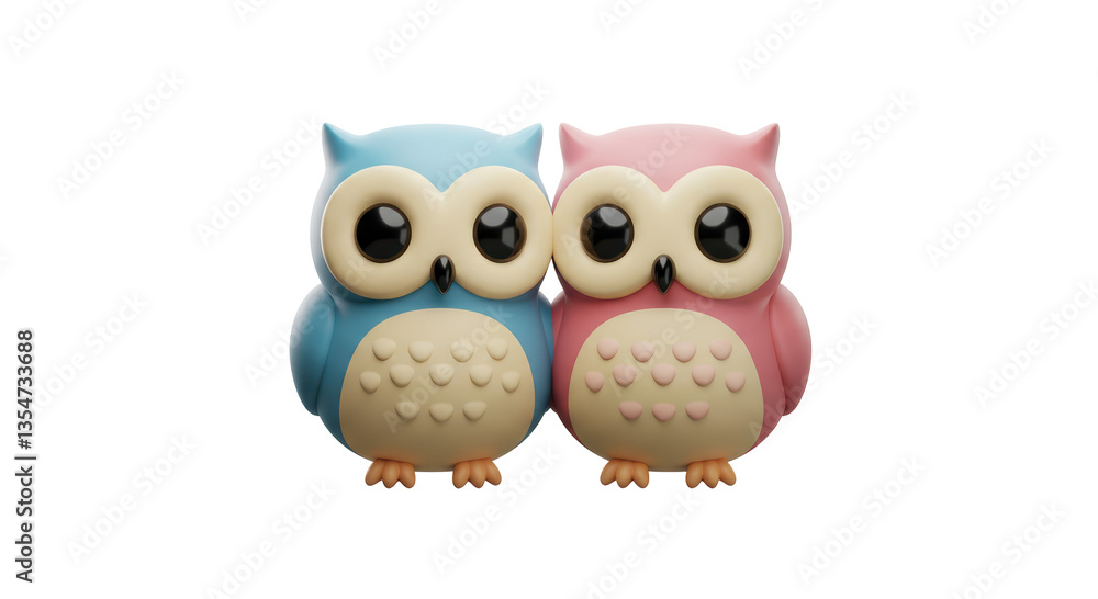 Obraz premium Isolated Two Owls Cartoon Kawaii Vector Pink and Blue