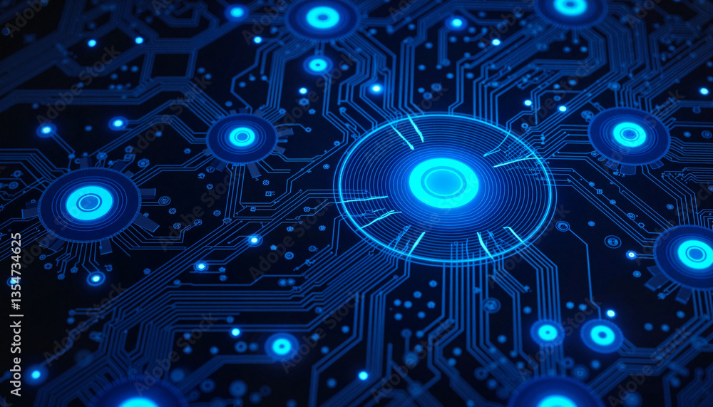 Fototapeta premium Futuristic circuit board pattern glowing in neon blue, tech innovation