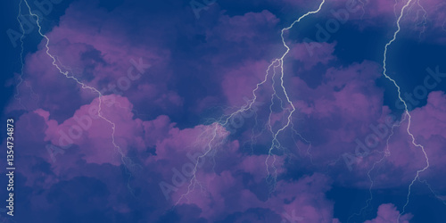 Lightning, thunder cloud dark cloudy sky. Fork lightning striking down during summer storm. intense lightning lighting up the sky . Blue lightning strike during an electrical storm .