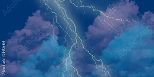 Lightning, thunder cloud dark cloudy sky. Fork lightning striking down during summer storm. intense lightning lighting up the sky . Blue lightning strike during an electrical storm .