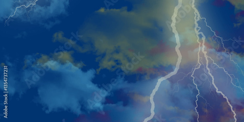 Lightning, thunder cloud dark cloudy sky. Fork lightning striking down during summer storm. intense lightning lighting up the sky . Blue lightning strike during an electrical storm .