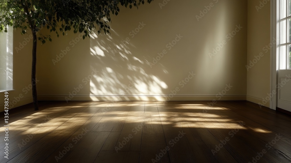 Fototapeta premium Empty room bathed in sunlight, shadows from a tree