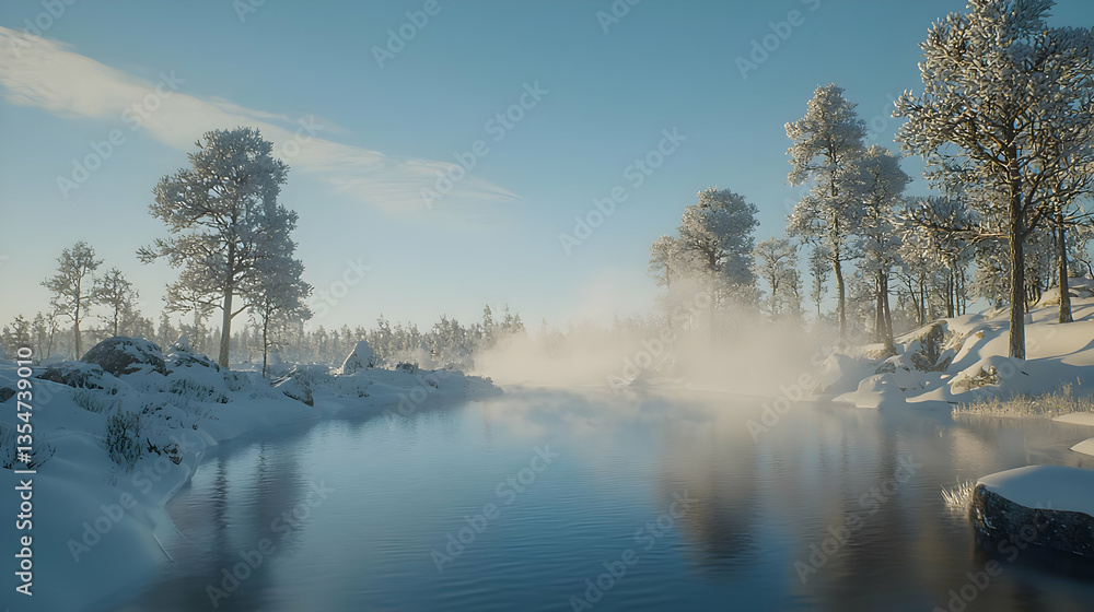 Frozen winter landscape with a tranquil river. A serene winter scene with snow-covered trees and a crystal-clear river reflecting the morning light. Frozen winter landscape with a tranquil river. A serene winter scene with snow-covered trees and a crystal-clear river reflecting the morning light.