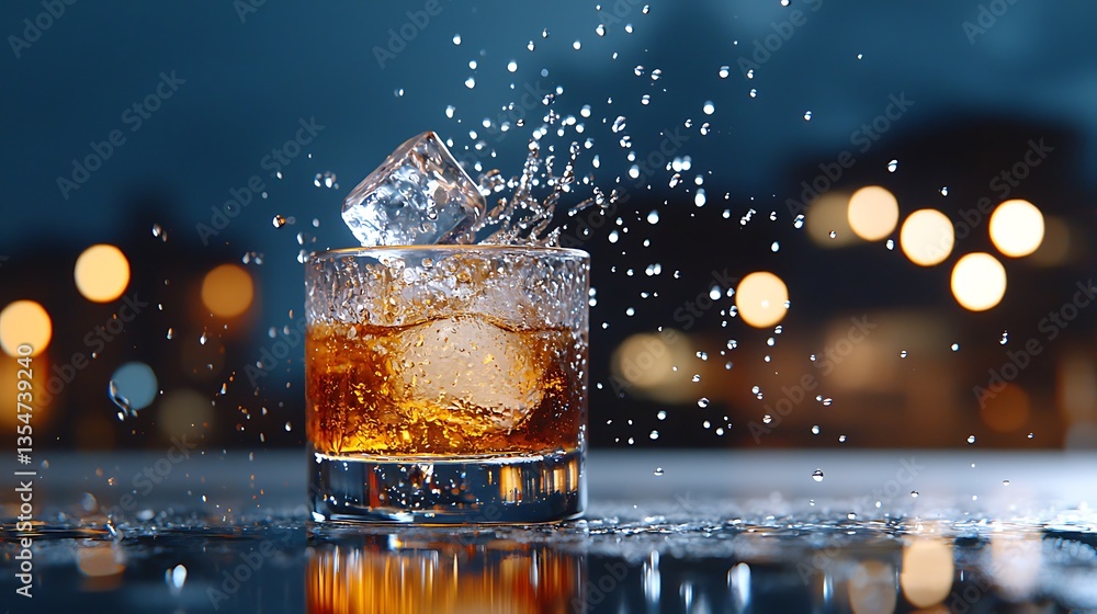 Whiskey, ice, splash, night Whiskey, ice, splash, night
