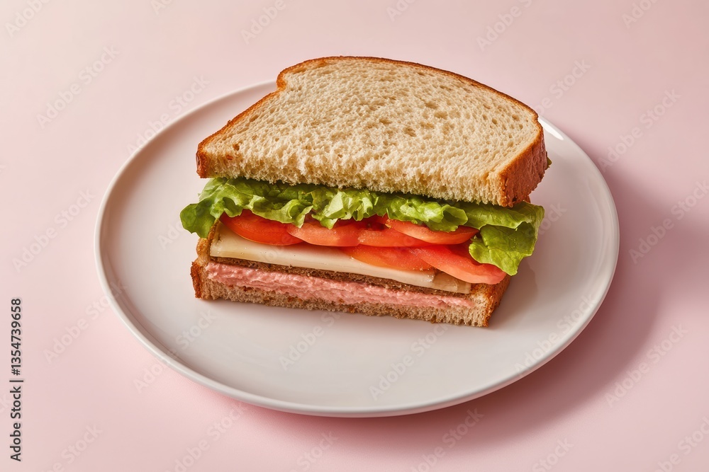 Delicious sandwich stacked with fresh ingredients on a white plate Delicious sandwich stacked with fresh ingredients on a white plate