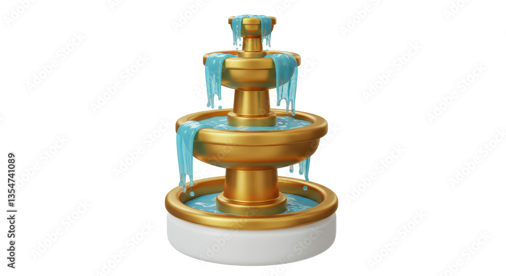 Isolated Golden Tiered Fountain with Flowing Water Isolated Golden Tiered Fountain with Flowing Water