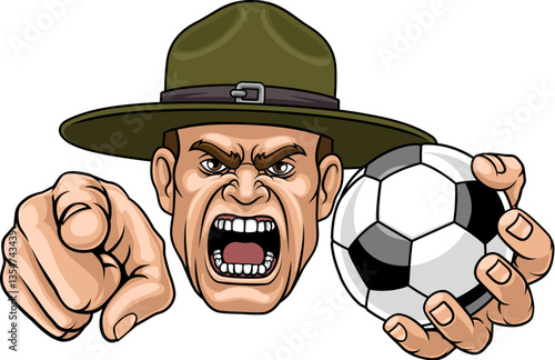 An angry drill instructor or sergeant bootcamp army soldier cartoon character holding soccer football ball and pointing sports team mascot illustration.