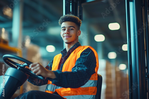 Wallpaper Mural Smiling young forklift operator in safety vest working confidently inside modern warehouse distribution center with blurred background Torontodigital.ca