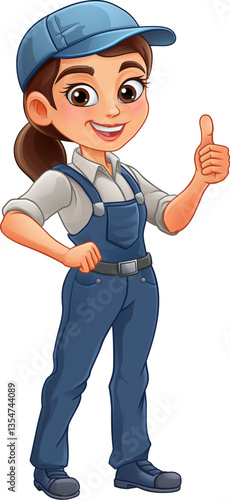 A woman female worker in overalls or dungarees and cap. Could be a plumber, gardener, decorator or possible electrician or mechanic cartoon mascot.