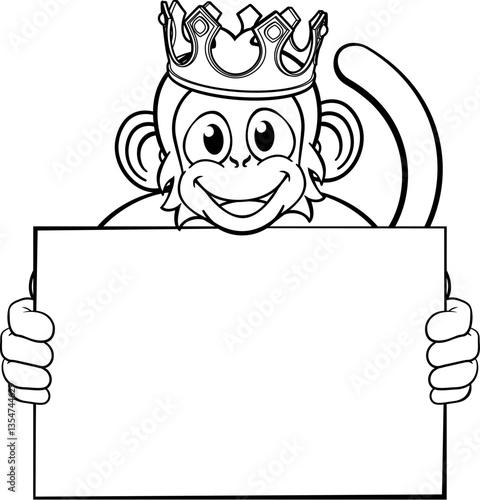 A monkey king cute happy cartoon character animal wearing a crown and holding a blank sign with copy-space