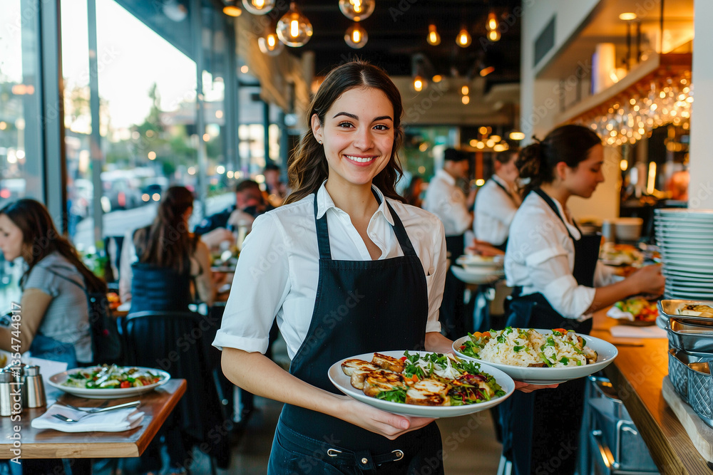custom made wallpaper toronto digitalSmiling waitress holding two plates of food in a modern, warmly lit and busy restaurant interior during dinner service