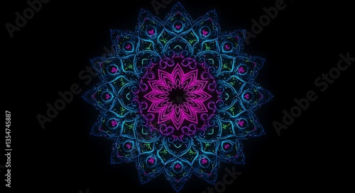 Intricate Mandala Design with Neon Blue and Purple on Black