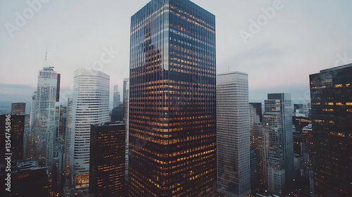 Wallpaper Mural Stunning aerial cityscape at dusk, showcasing modern skyscrapers with illuminated windows, creating a vibrant urban panorama. Torontodigital.ca